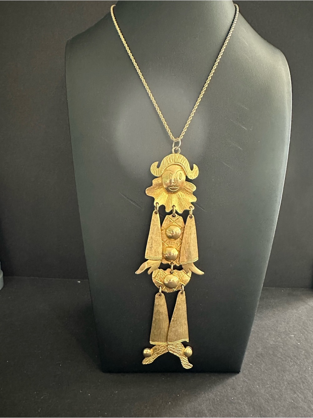 Vintage Articulated Harlequin Pierrot Clown Metal 6” Pendant Gold tone Necklace